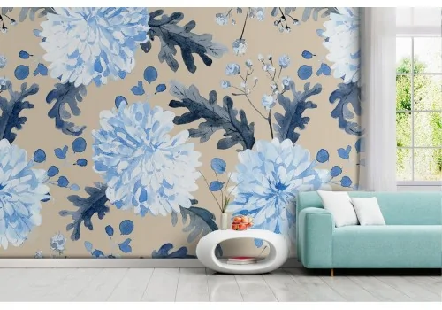 Modern nature wallpaper with blue flowers.