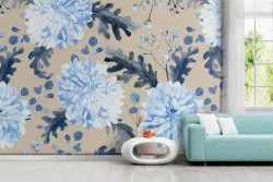 Modern nature wallpaper with blue flowers.