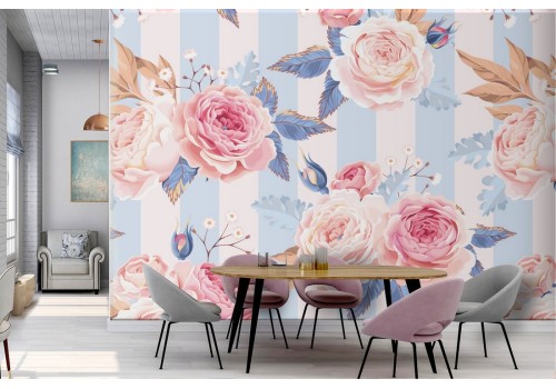 Vintage nature wallpaper with pink flowers and stripes.