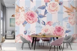 Vintage nature wallpaper with pink flowers and stripes.