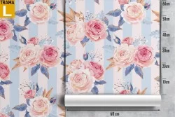 Vintage nature wallpaper with pink flowers and stripes.