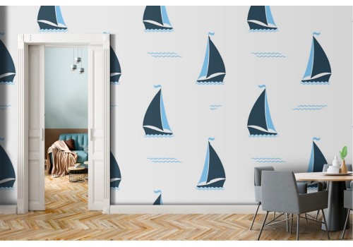 Wallpaper with stylized boat decoration.