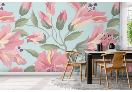 Tropical nature pink flowers wallpaper pattern.