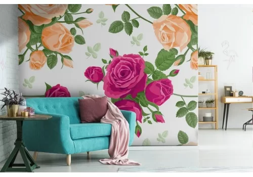 Carta da Parati rose fucsia natura vintage pattern.