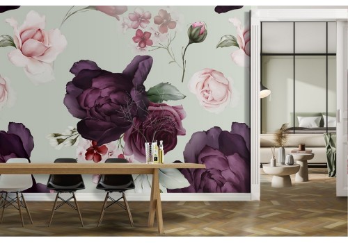 Purple flowers modern nature pattern wallpaper.