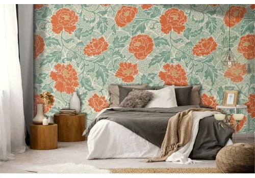 Vintage orange flowers wallpaper nature pattern.