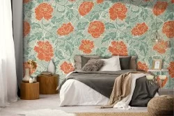 Vintage orange flowers wallpaper nature pattern.