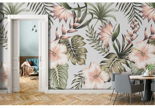 Pink tropical flowers vintage nature wallpaper and green leaves.
