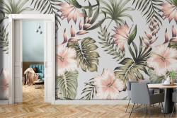 Carta da Parati fiori tropicali rosa natura vintage e foglie verdi.