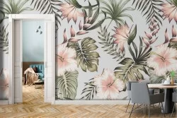 Tropical pink flowers vintage nature wallpaper and green leaves.