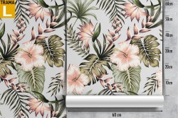 Carta da Parati fiori tropicali rosa natura vintage e foglie verdi.