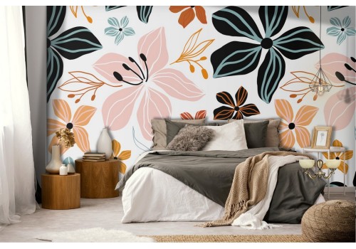 Pink and blue flowers wallpaper nature modern design.