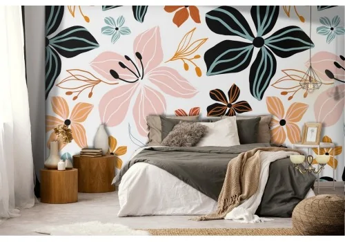 Pink and blue flowers wallpaper nature modern design.