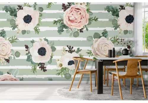Vintage design wallpaper with pink and white flowers, green stripes.