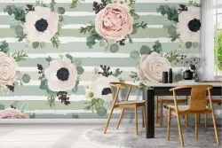 Floral wallpaper vintage design pink and white with green stripes.