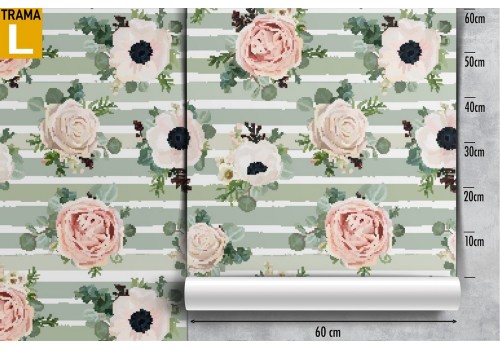 Carta da Parati fiori design vintage rosa e bianco righe verdi. 2