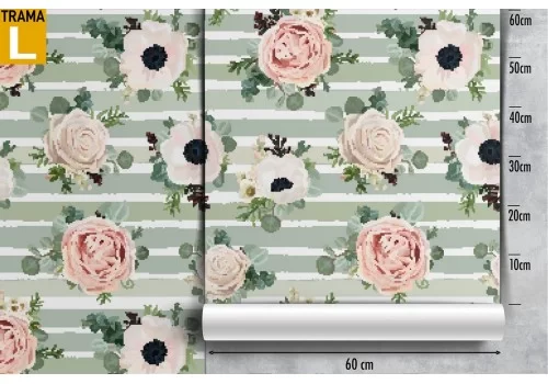 Carta da Parati fiori design vintage rosa e bianco righe verdi. 2
