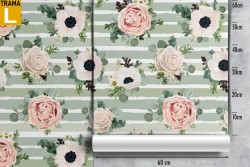 Carta da Parati fiori design vintage rosa e bianco righe verdi.