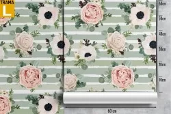 Floral wallpaper vintage design pink and white with green stripes.