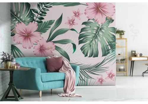 Carta da Parati fiori rosa natura tropicale foglie verdi.