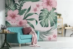 Carta da Parati fiori rosa natura tropicale foglie verdi.