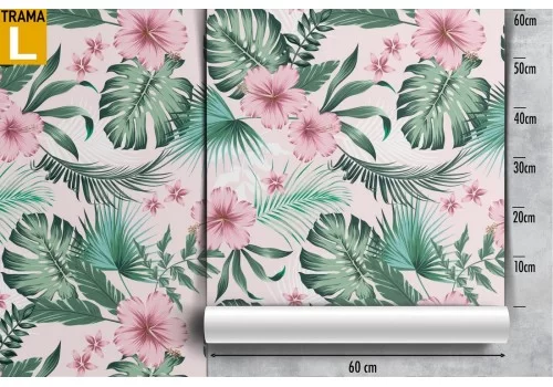 Carta da Parati fiori rosa natura tropicale foglie verdi. 2