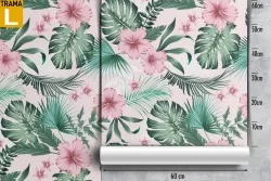 Carta da Parati fiori rosa natura tropicale foglie verdi.