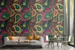 Carta da Parati decorazione vintage gialla e rosa.