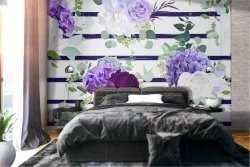 Modern nature wallpaper with white and purple flowers.