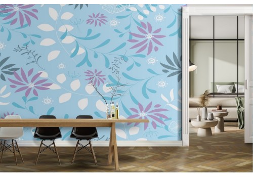 Carta da Parati fiori stilizzati azzurro natura.