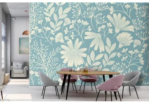 Carta da Parati fiori stilizzati natura vintage raffinata.