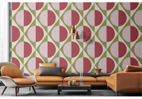 Vintage geometric wallpaper with red circles.