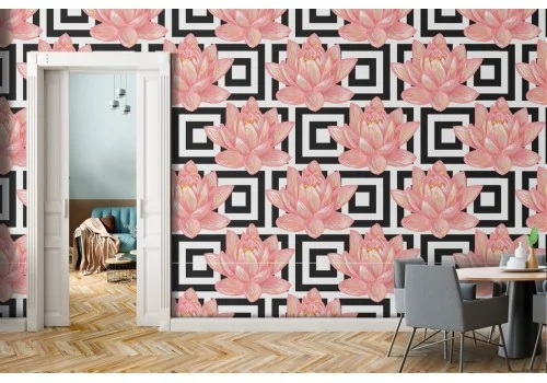 Pink flowers and modern geometries nature wallpaper.