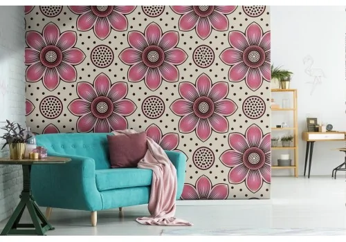 Wallpaper with flowers and geometric vintage design.