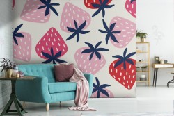 Carta da Parati fragole rosa natura stilizzata moderna.