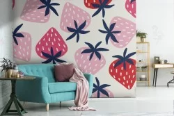 Carta da Parati fragole rosa natura stilizzata moderna.