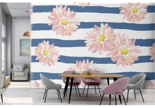 White flowers and blue stripes modern pattern wallpaper.