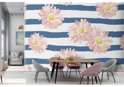 Modern pattern wallpaper with white flowers and blue stripes.