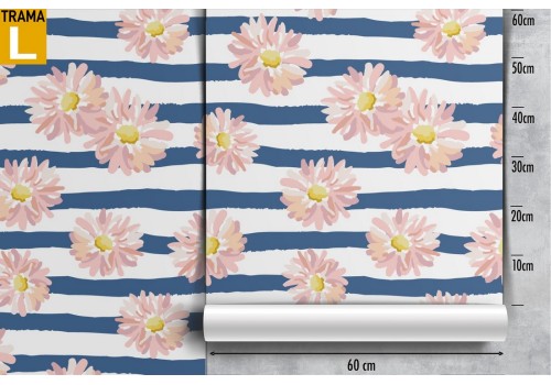 Carta da Parati fiori bianchi e righe blu pattern moderno. 2