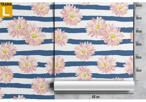 Carta da Parati fiori bianchi e righe blu pattern moderno. 2