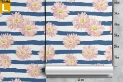 Carta da Parati fiori bianchi e righe blu pattern moderno.