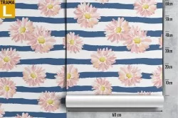 White flowers and blue stripes modern pattern wallpaper.