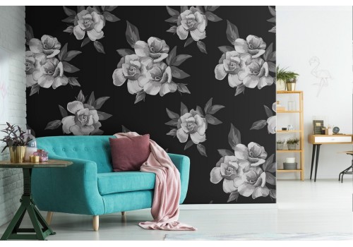 Carta da Parati fiori bianchi fondo nero pattern natura moderna.