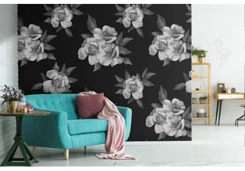 White flowers wallpaper on black background modern nature pattern.