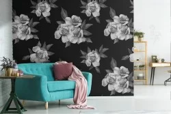 White flowers wallpaper on black background modern nature pattern.