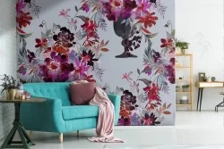 Modern nature pattern fuchsia flower pot wallpaper.