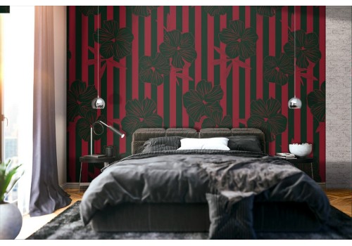 Black flowers and red stripes modern nature wallpaper.