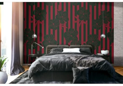 Black flowers and red stripes modern nature wallpaper.