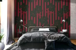 Black flowers and red stripes modern nature wallpaper.