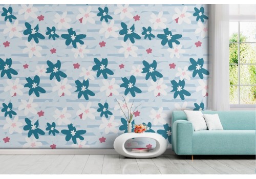 Wallpaper stylized flowers white and blue nature pattern.
